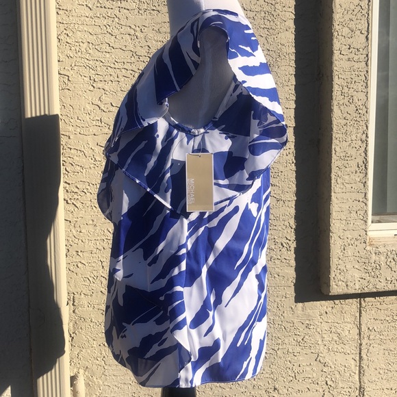 NWT! Michael Kors Sleeveless Blue & White Bold Print Ruffled Pleated Blouse!! - Picture 6 of 11